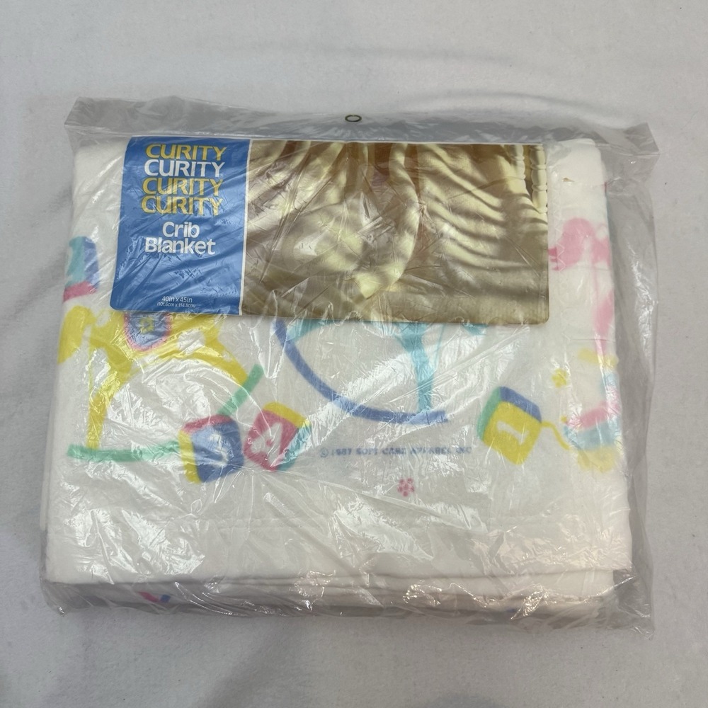 Curity Crib Blanket 40X45" Rocking Horse Top Blocks Pastel USA Made New Vintage